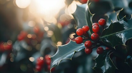   A zoomed-in shot of a holly bush with vibrant red fruit and lush green foliage, illuminated by sunlight filtering through the leaves