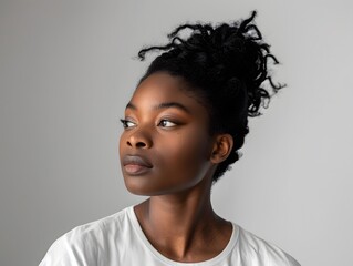 Obraz premium Black woman on gray empty background with copy space