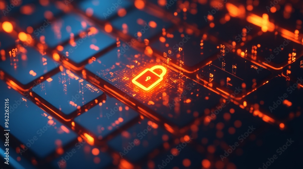 Aufkleber Glowing lock icon on an illuminated keyboard key representing digital security and data protection. Concept of secure online access and cybersecurity measures.