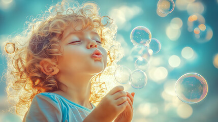 A young child blowing bubbles on a sunny day, surrounded by sparkling light reflections and a joyful atmosphere of childhood innocence. Generative AI. 