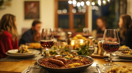 Fototapeta premium Cozy Italian New Year's Eve Celebration with Families Enjoying Traditional Lentils and Sausages