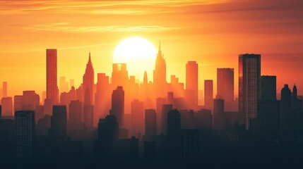 Obraz premium Detailed shot of a city skyline in silhouette with the sun setting behind the buildings, creating a dramatic urban scene