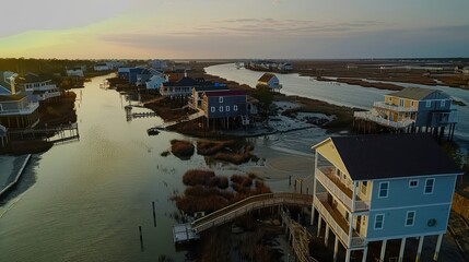 Aerial View of Houses on Stilts at Sunset