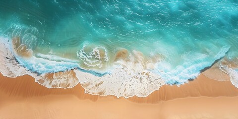 Obraz premium An overhead photo showcasing a tranquil beach with clear, blue water and soft, gentle waves meeting the sandy shore