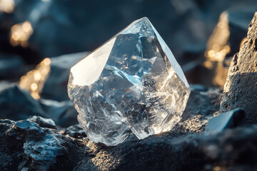 Fototapeta premium A Gleaming Crystal, Uncut and Raw, Rests Upon Dark Volcanic Rocks, Bathed in Golden Sunlight.