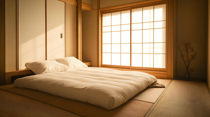 Japanese-Inspired Minimalist Bedroom with Futon and Tatami Sanctuary