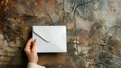 Hand holding a white envelope against a textured rustic background in a cozy setting
