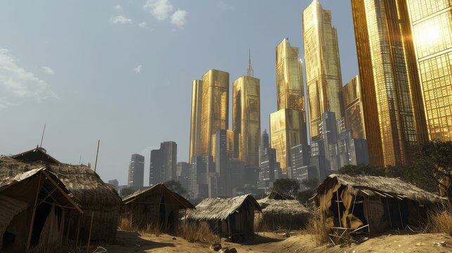 A striking cityscape featuring towering golden skyscrapers in sharp contrast to a shantytown of thatched huts in the foreground. The image captures the stark disparity between wealth and poverty