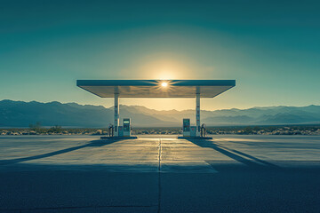 A lone gas station stands silent in the vast desert landscape, bathed in the golden glow of the setting sun.