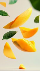 Mango slices and green leaves floating on a white background. Ideal for tropical food photography