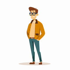 Obraz premium A man in glasses and a yellow jacket is smiling. He is wearing blue jeans and a brown jacket