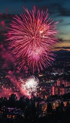 Stunning Fireworks Display Over Cityscape at Dusk Capturing Festive Celebration