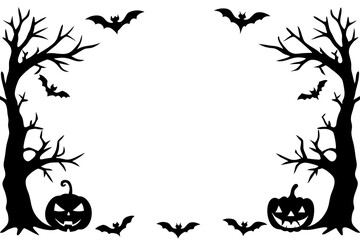 Halloween frames set with silhouettes of pumpkins, bats, spiderweb, tree branches. Halloween border collection isolated on white. Design element for card, poster, text decoration. Vector illustration.
