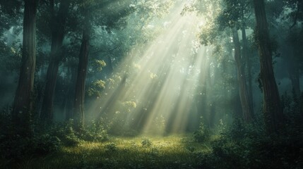 Obraz premium Sunlight streams through dense forest foliage.