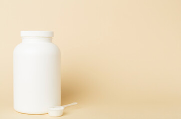 Jar with protein powder on color background. Sports nutrition concept