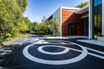 A sleek blacktop driveway adorned with elegant white geometric designs, leading towards a modern building with a wooden facade, creating a striking contrast.