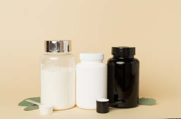 Jar with protein powder on color background. Sports nutrition concept