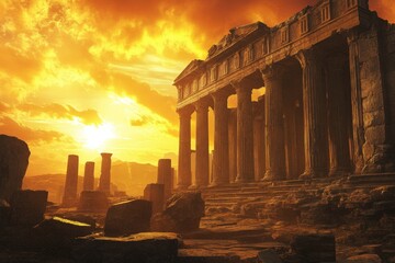 Obraz premium Ruined temple columns at sunset.