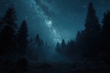 Starry night sky over dark forest.