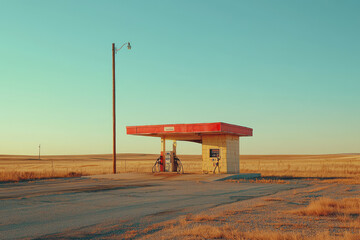 A lone gas station stands sentinel in the vast, golden expanse of a prairie, bathed in the warm glow of the setting sun.