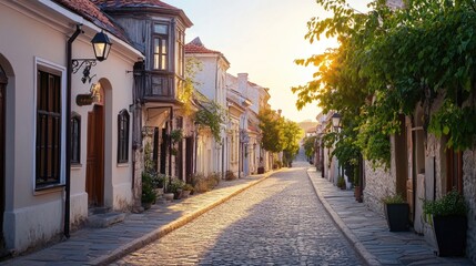 Obraz premium Detailed view of a beautifully paved road through a quaint, historic town with charming buildings and street lamps