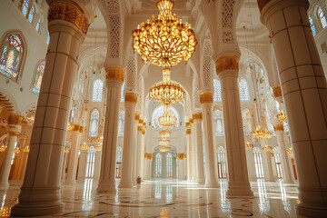 Obraz premium A symphony of light and stone: The interior of a grand mosque, showcasing intricate details and a serene atmosphere.