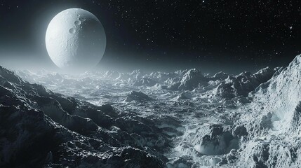 Fototapeta premium An artist's depiction of a celestial body amidst rugged terrain, surrounded by majestic peaks and distant cosmic phenomena