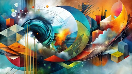 Abstract geometric painting with vibrant shapes and cityscape elements