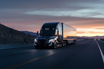 Obraz premium A sleek, black semi-truck cruises down a highway under a vibrant sunset, casting a long shadow as it traverses the open road.