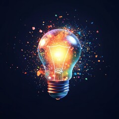 A colorful light bulb icon surrounded by digital particles, representing innovation and creative ideas in business