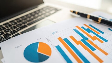 Detailed view of a financial report with bar graphs and pie charts on a desk with a laptop and pen