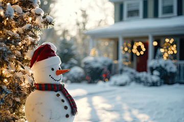 Obraz premium A Cheerful Snowman Stands Guard Beside a Snowy Christmas Tree, a Festive Home Beckons in the Background.