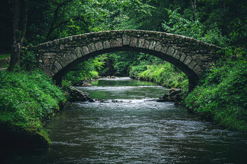 Fototapeta premium A Stone Bridge Arched Over a Serene River, Lush Greenery Framing the Tranquil Scene.