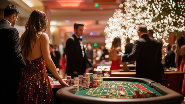 Elegant Casino Night with Guests in Formal Attire Enjoying Blackjack and Roulette Games