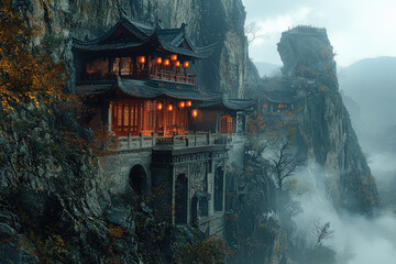 Obraz premium Ancient Chinese Temple Perched Precariously on a Misty Mountainside, Glowing With Warm Lanterns.