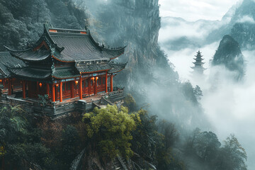 Obraz premium A Serene Chinese Temple Perched High Above the Clouds, a Symbol of Tranquility Amidst Misty Mountain Peaks.
