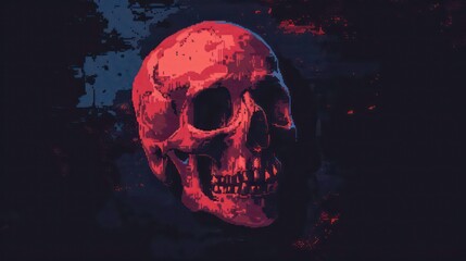 A red human skull with a dark blue and red background.