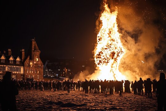 Scottish Hogmanay Celebration with Traditional Music, Dance, and Massive Bonfire at Night