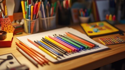 Detailed view of a workspace with colored pens arranged by color on a desk, alongside sketchpads and creative materials