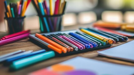 Detailed view of a workspace with colored pens arranged by color on a desk, alongside sketchpads and creative materials