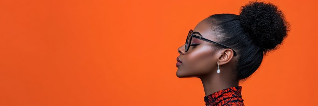 Side profile portrait of an African American woman with glasses against an orange background. Stylish and contemporary business image.