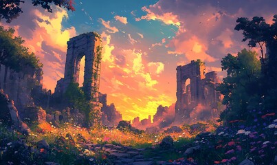 Fototapeta premium Sunset Over a Field of Flowers with Stone Ruins in the Background