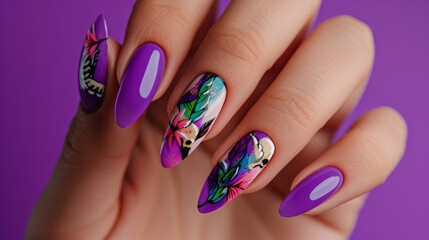 A bold and vibrant close-up of tropical-themed nail art featuring a rich purple base with intricate floral motifs. This eye-catching design is perfect for exotic beauty looks, adding a touch of