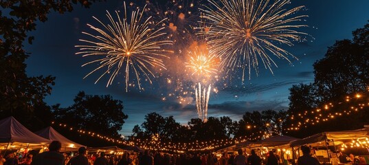 Fototapeta premium Fireworks Illuminate Night Farmers Market with Vibrant Celebration and Community Spirit