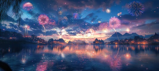 Obraz premium Fireworks Light Show Over a Serene River with Reflections at Dusk for Celebration Posters and Print Designs