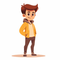 A young man in a yellow jacket stands with his arms crossed. He has a smile on his face and he is happy