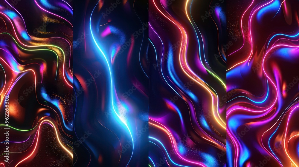 Canvas Prints abstract 3d render of four panels with colorful, glowing lines and waves.