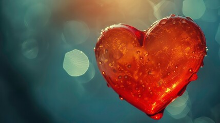 Obraz premium A red heart-shaped object with water droplets on a blue and white bokeh background.