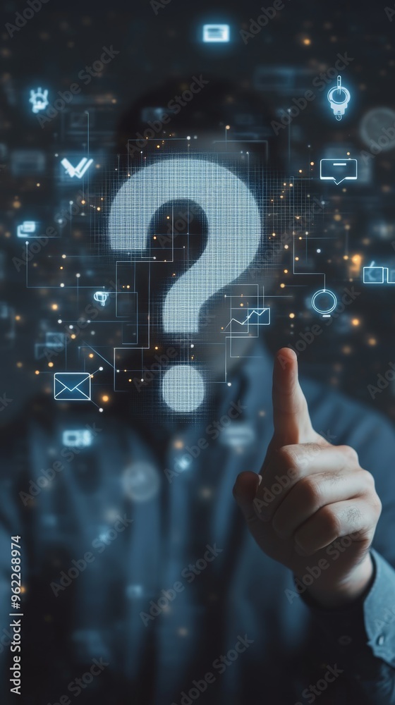 Poster Man pointing at a large digital question mark surrounded by data icons in a futuristic environment. Concept of inquiry, technology, and decision-making.