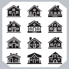 Black silhouettes of houses and cottages, home property logo set package, home button, residential building, country cottage, apartment vector illustrations